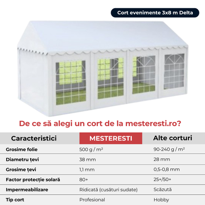 Cort evenimente 3&times;8 m Cortis profesional, prelată UV 500 g/mp, țeavă 38 mm + CADOU