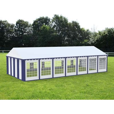 Cort evenimente alb-albastru Delta 6x14 m cu structură metalică 38 mm, prelată UV 500 g / mp