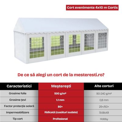 Cort evenimente 4&times;10 m Cortis profesional, prelată UV 500 g/mp, țeavă 38 mm + CADOU