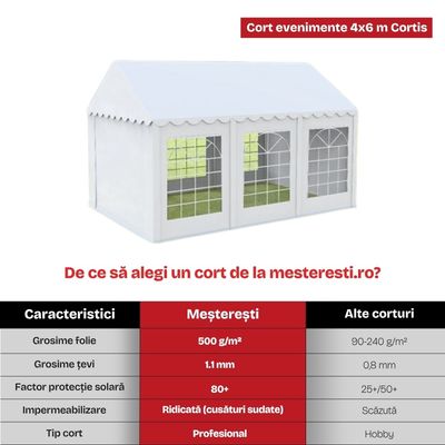 Cort evenimente 4&times;6 m Cortis profesional, prelată UV 500 g/mp, țeavă 38 mm + CADOU