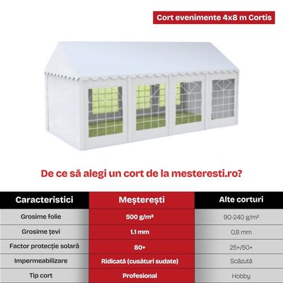 Cort evenimente 4&times;8 m Cortis profesional, prelată UV 500 g/mp, țeavă 38 mm + CADOU