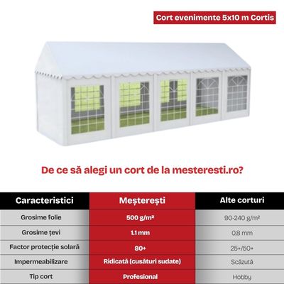 Cort evenimente 5&times;10 m Cortis profesional, prelată UV 500 g/mp, țeavă 38 mm + CADOU