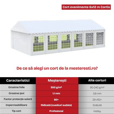 Cort evenimente 6&times;12 m Cortis profesional, prelată UV 500 g/mp, țeavă 38 mm + CADOU