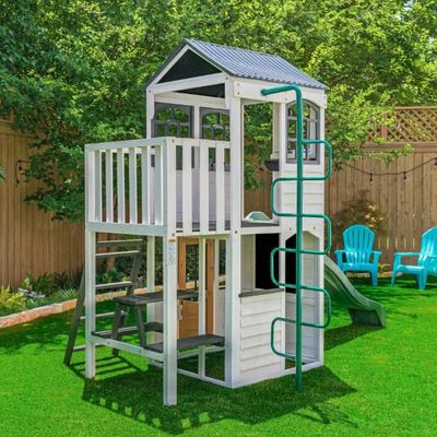 Loc de joacă pentru copii, KidKraft Căsuță Etajată cu Balcon + Tobogan