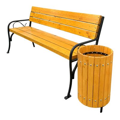 Pachet promoțional din set bancă stradală parc + coș gunoi stradal din lemn de brad Amara
