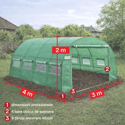 Solar grădină profesional Cortis 3x4 m, 186 g/mp, 2 m înălțime, cu fermoar dublu rezistent + Cadou Folie mulcire