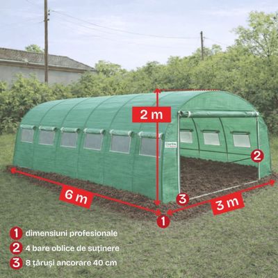 Solar grădină profesional Cortis 3x6 m, 186 g/mp, 2 m înălțime, cu fermoar dublu rezistent + Cadou Folie mulcire