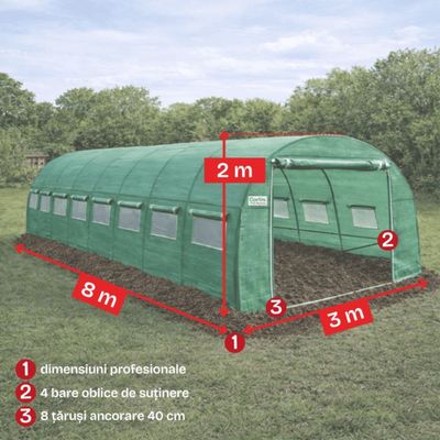Solar grădină profesional Cortis 3x8 m, 186 g/mp, 2 m înălțime, cu fermoar dublu rezistent + Cadou Folie mulcire