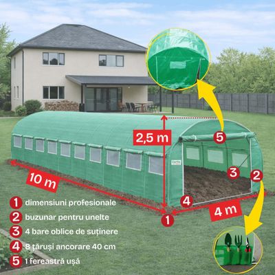 Solar grădină profesional Cortis 4x10 m, 240 g/mp, 2,5 m &icirc;nălțime, cu fermoar dublu rezistent și buzunar pentru unelte + Cadou Folie mulcire