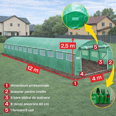 Solar grădină profesional Cortis 4x12 m, 240 g/mp, 2,5 m înălțime, cu fermoar dublu rezistent și buzunar pentru unelte + Cadou Folie mulcire