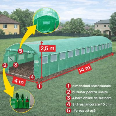 Solar grădină profesional Cortis 4x14 m, 240 g/mp, 2,5 m înălțime, cu fermoar dublu rezistent și buzunar pentru unelte + Cadou Folie mulcire