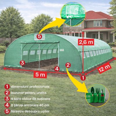 Solar grădină profesional Cortis 5x12 m, 240 g/mp, 2,6 m &icirc;nălțime, cu fermoar dublu rezistent și buzunar pentru unelte + CADOU