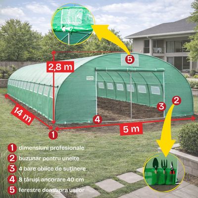 Solar grădină profesional Cortis 5x14 m, 240 g/mp, 2,8 m înălțime, cu fermoar dublu rezistent și buzunar pentru unelte + Cadou Folie mulcire