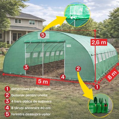 Solar grădină profesional Cortis 5x8 m, 240 g/mp, 2,6 m înălțime, cu fermoar dublu rezistent și buzunar pentru unelte + CADOU