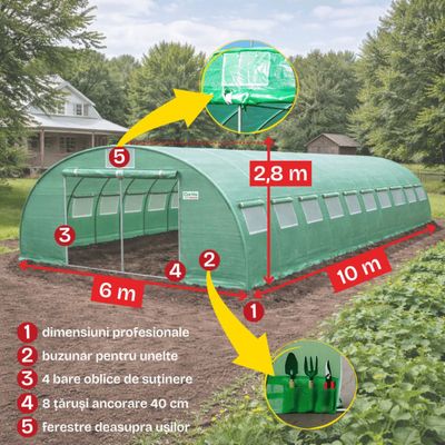 Solar grădină profesional Cortis 6x10 m, 240 g/mp, 2,8 m înălțime, cu fermoar dublu rezistent și buzunar pentru unelte + CADOU