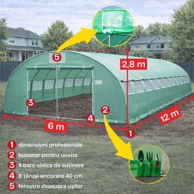 Solar grădină profesional Cortis 6x12 m, 240 g/mp, 2,8 m înălțime, cu fermoar dublu rezistent și buzunar pentru unelte + Cadou Folie mulcire