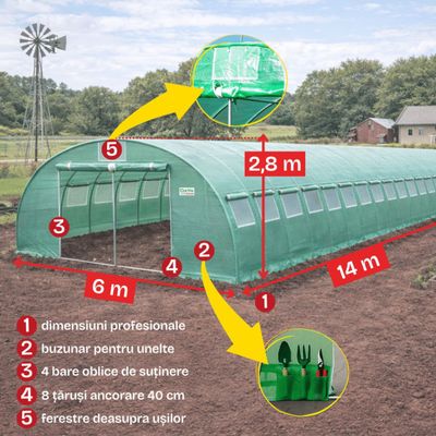 Solar de grădină profesional Cortis 6x14 m, 240 g/mp, 2,8 m înălțime, cu fermoar dublu rezistent și buzunar pentru unelte + Cadou Termometrul cu higrometru