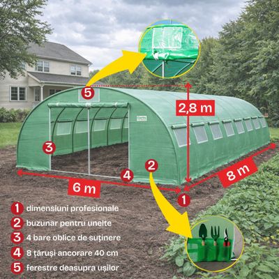 Solar grădină profesional Cortis 6x8 m, 240 g/mp, 2,8 m înălțime, cu fermoar dublu rezistent și buzunar pentru unelte + Cadou Folie mulcire
