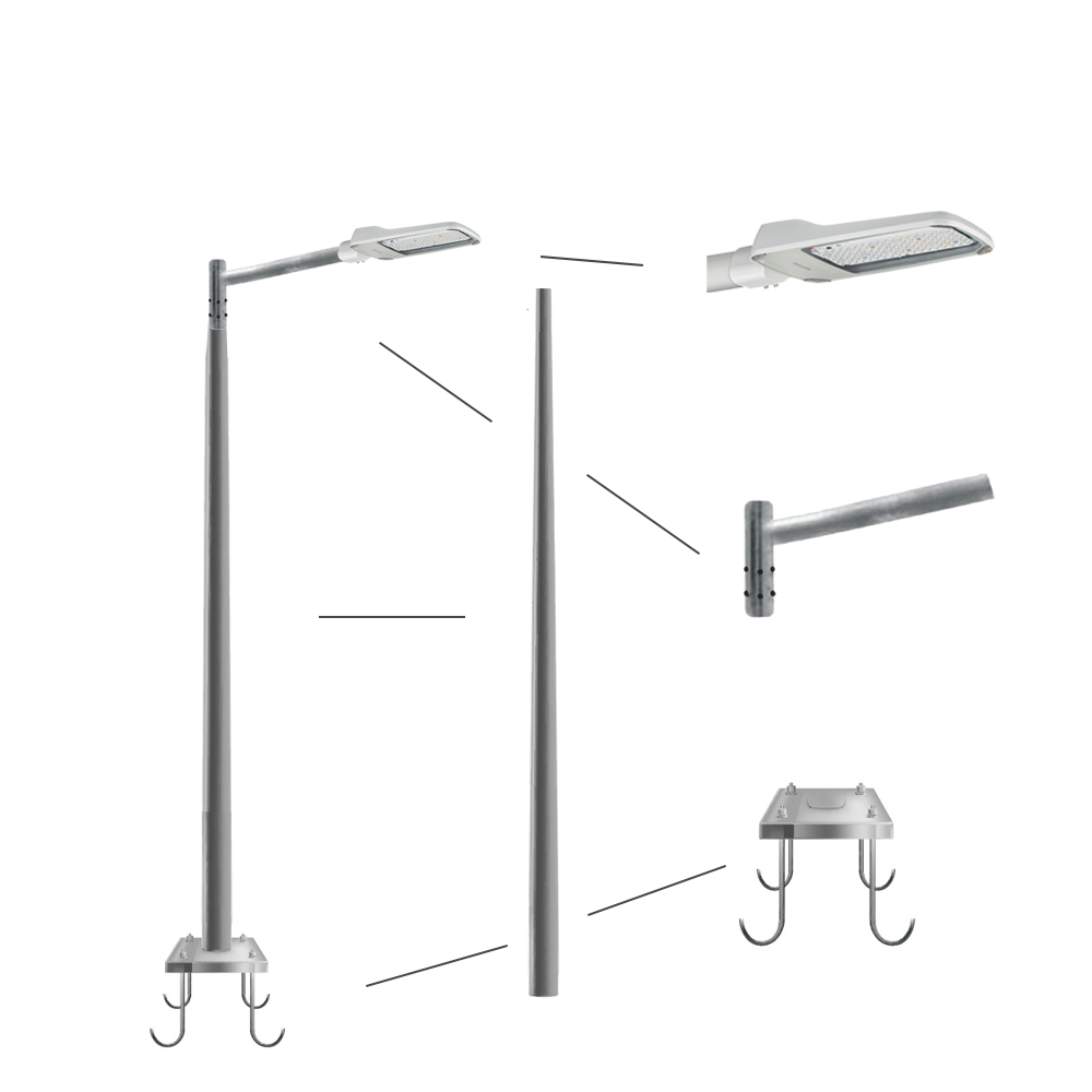 Set Lampă stradală Solana 56 W + Stâlp pentru iluminat 5 m + Consolă, braț metalic + Buloane montaj