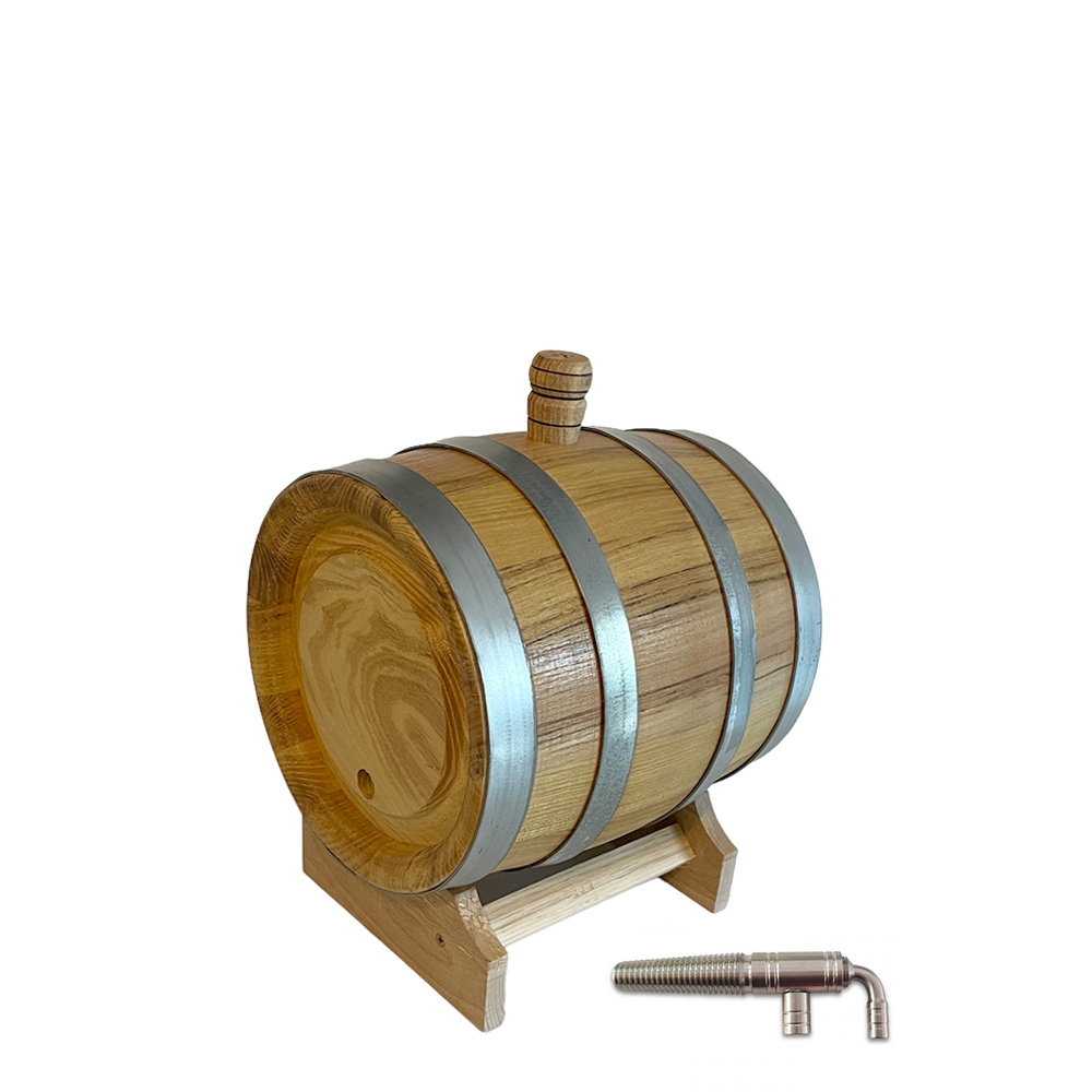 Set butoi lemn masiv salcâm pentru țuică 50 L + Canea inox + Suport lemn