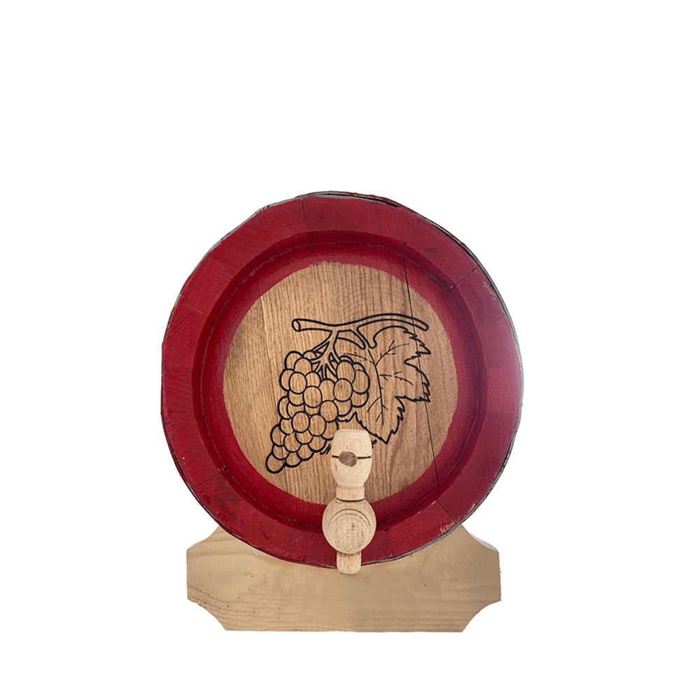 Butoi lemn masiv stejar pentru țuică 10 L, model struguri + Cadou Suport