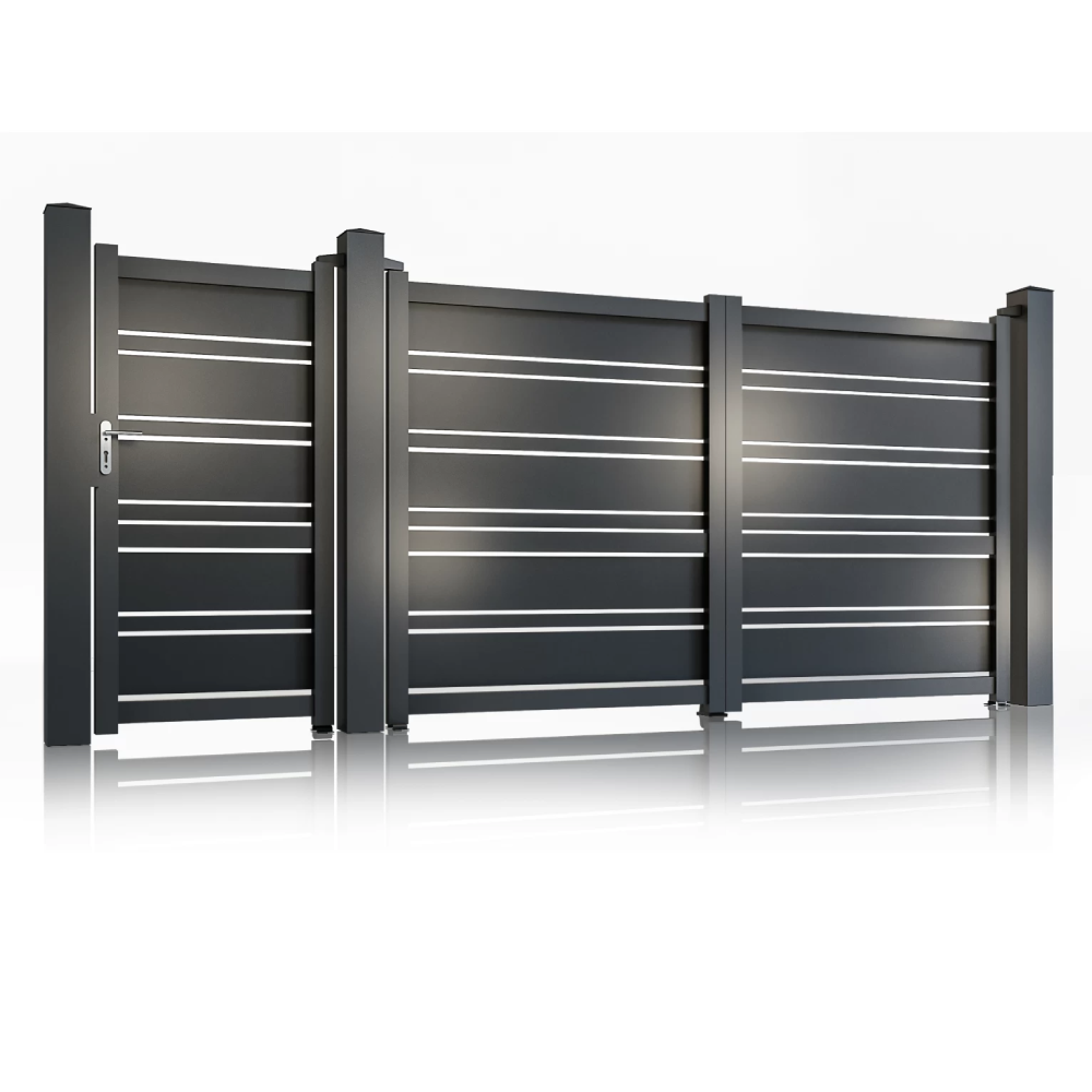 Set porți metalice din aluminiu Neptun Line, Poarta mare 3500 x 1800 mm, Poarta mică 900 x 1800 mm, Gri antracit RAL 7016