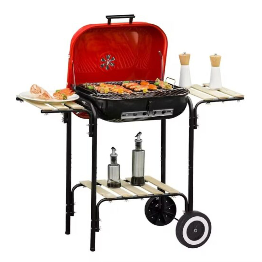 Grătar de grădină Flamic, grill dreptunghiular, lemn și oțel, 81x49x98 cm, pe cărbuni, mobil