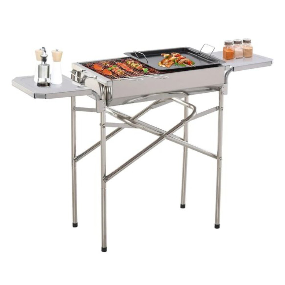 Grătar de grădină Flamic, grill dreptunghiular, inox, 104x30x68 cm, pe cărbuni, mobil