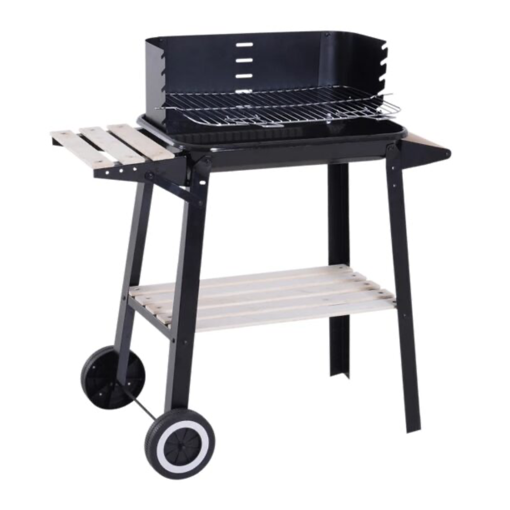 Grătar de grădină Flamic, grill dreptunghiular, metal, 87x43x85 cm, pe cărbuni, mobil