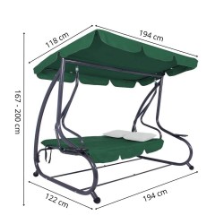 Balansoar grădină Jasper 2 în 1, cu 3 locuri și funcție pat, Verde-2