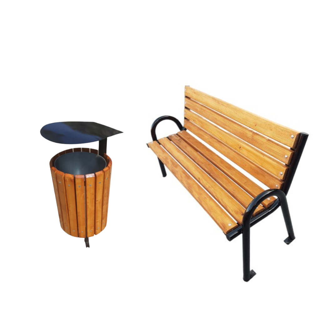 Pachet promoțional Bancă parc Jimara + Coș stradal Rabil