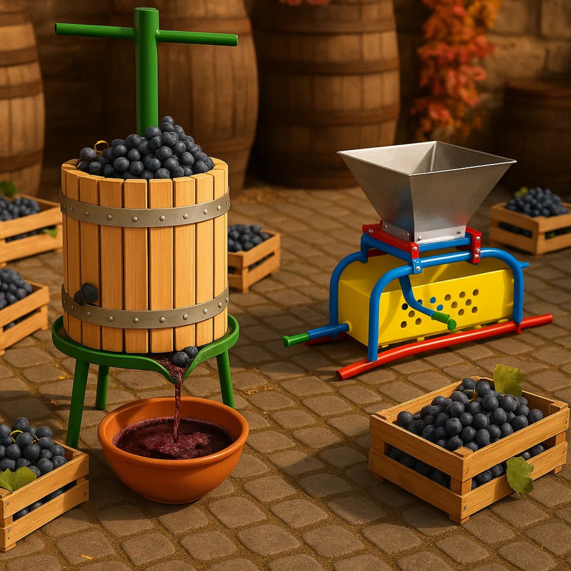 Set Zdrobitor struguri manual cu desciorchinator Tamar și Teasc struguri Meva 32 L